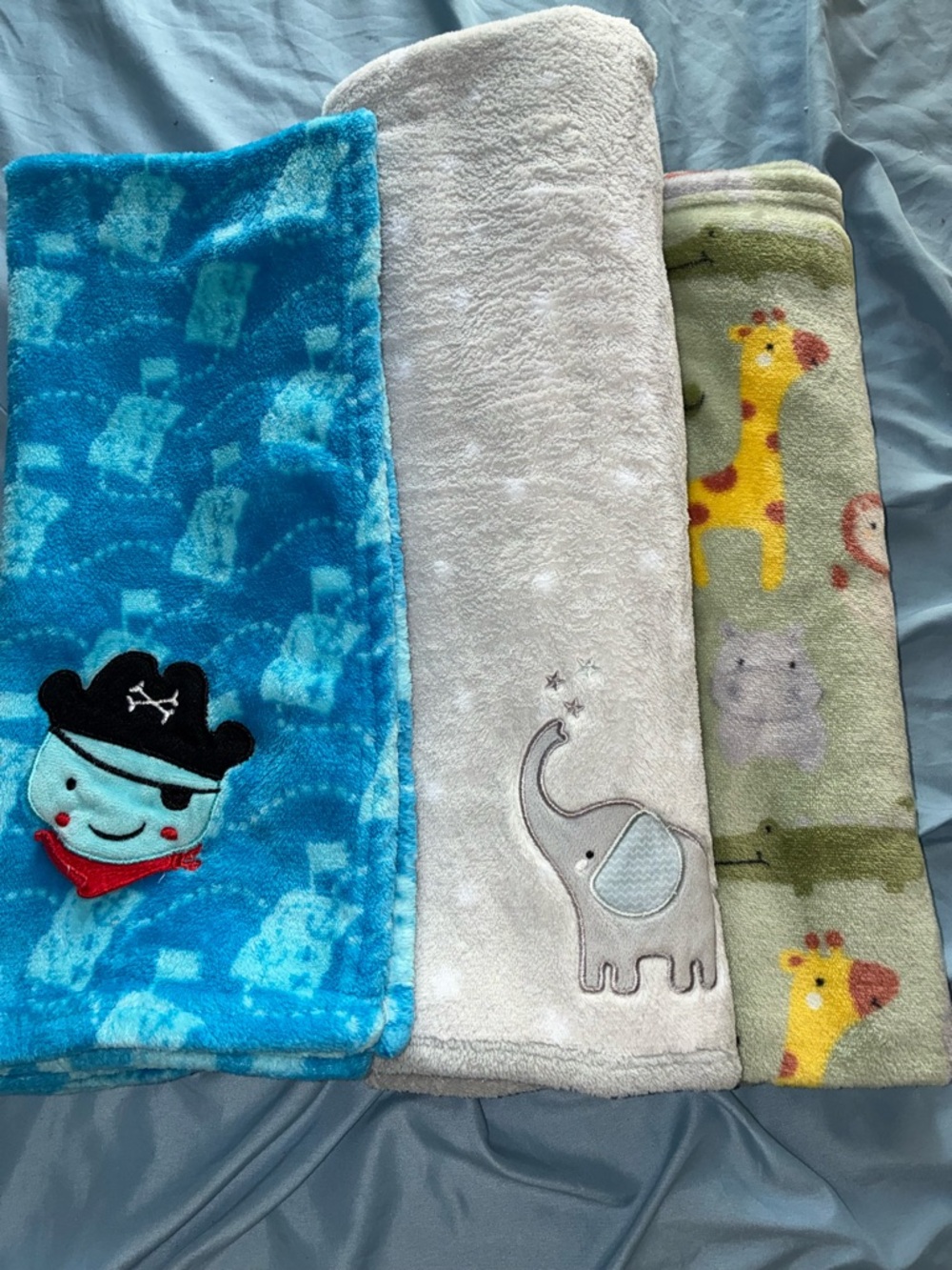 Baby Plush Blankets Trio - Blue Pirate, Cream Elephant, Green Giraffe